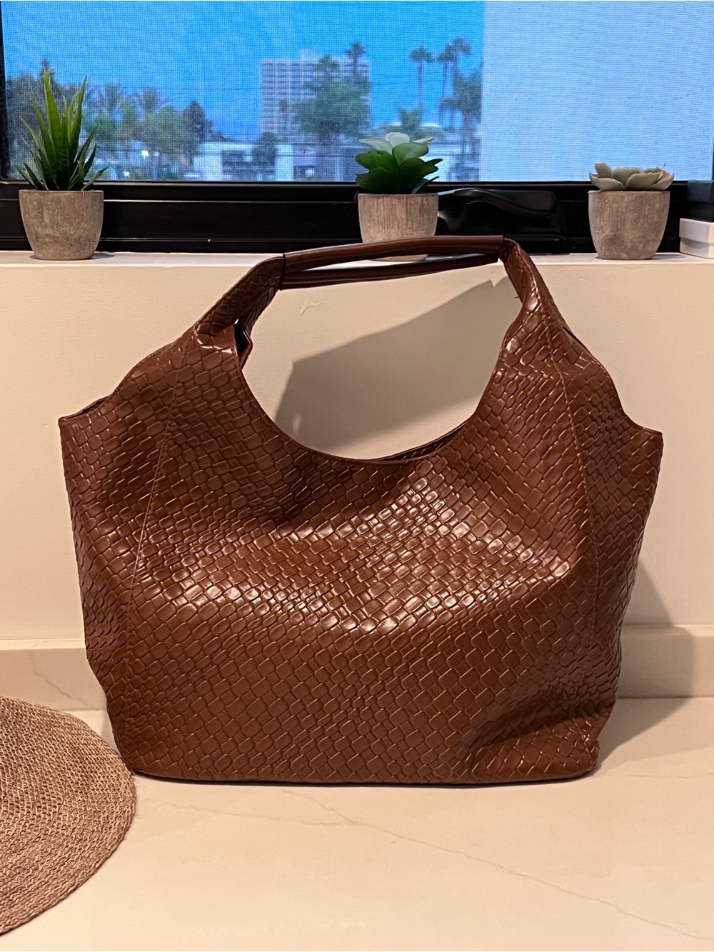 Leather Weave Tote Bag - Brown